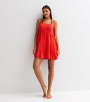 New Look Red Crinkle Strappy Tiered Mini Swing Beach Dress